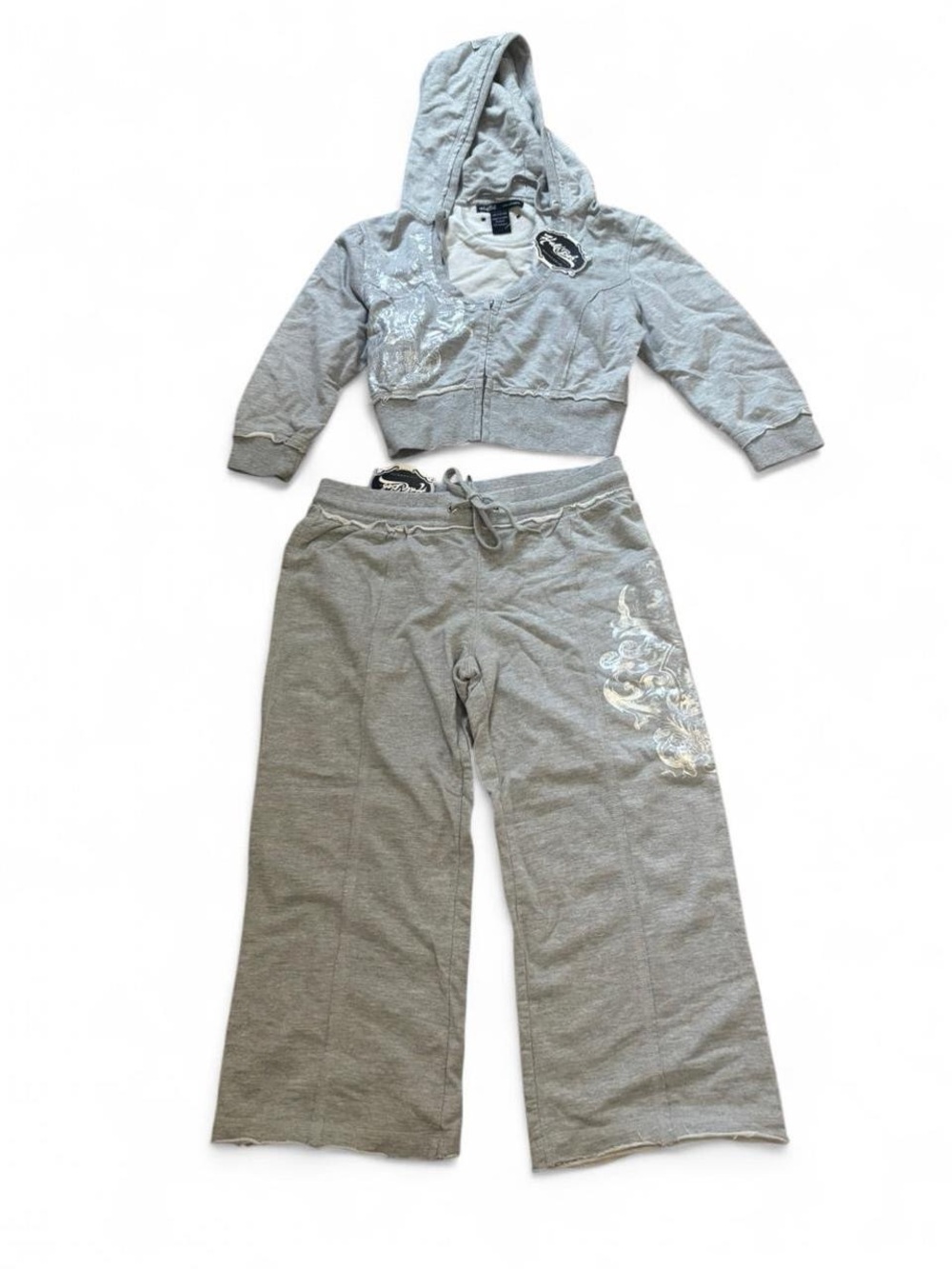 Y2K Hale Bob Grey Two-Piece Hoodie crop & wide leg capri set